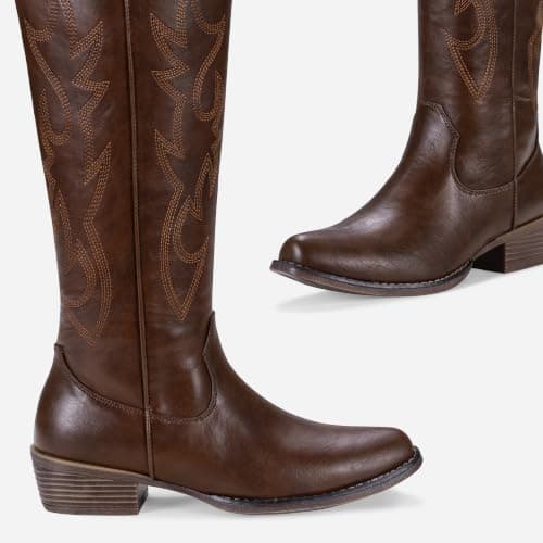 Jeossy Women's Whisky Red Brown Cowboy Boots Embroided Western Cowgirl Boots Round Toe Knee High Pull on Wide Calf Shoes with Inside Zipper Size 10 (DJY9809 whisky 10) - Thumbnail 5