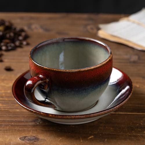 Tvvtuww Porcelain Coffee Cup with Saucer Spoon Set, Vintage Design Ceramic Latte Art Cappuccino Barista Espresso Tea Cup with Saucer (11.6 oz, 350ml, Ink red) - Thumbnail 2