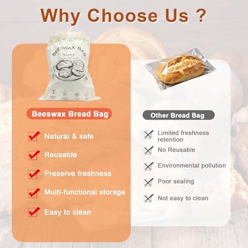 Beeswax Bread Bag 2 Pack, Reusable Organic Cotton Beeswax Bread Bags for Sourdough Homemade Bread, 17x13 Inch Large Capacity, Eco-Friendly, Keep Fresh, Locks in Moisture, Lock Closure, Easy to Clean - Thumbnail 2