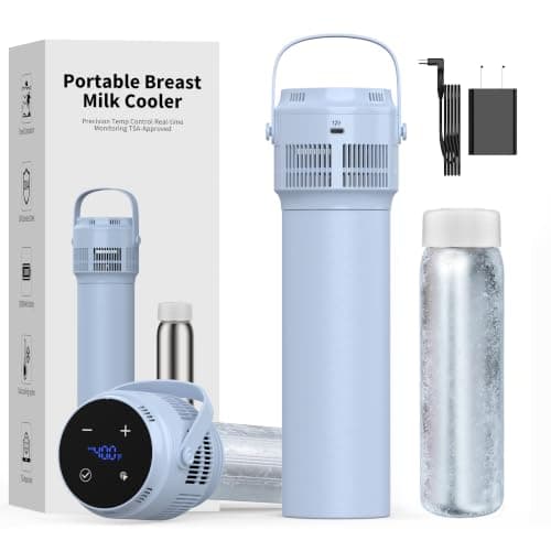 PURZOT Electric Portable Breast Milk Cooler, Battery Operation Breastmilk Chiller with LED Display, Stainless Steel Baby Bottles for Work & Travel, Pass-Through Charging Cooling for 24 Hours(Blue)