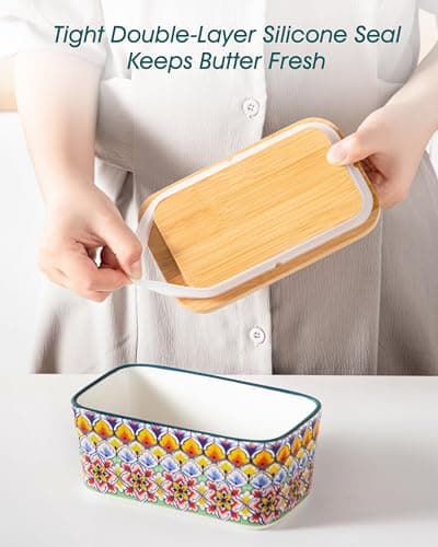 vancasso SIMI Butter Dish with Lid, 6.5" Large Butter Dish for Countertop, Bohemian Ceramic Butter Keeper Container with Knife and Bamboo Lid, Butter Holder for Counter, Golden Bloom - Thumbnail 6