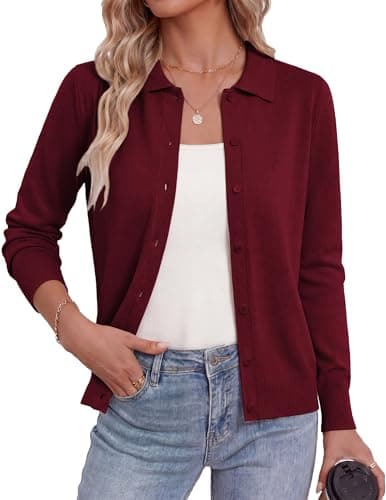 GRACE KARIN Women Cardigan Sweaters Trendy Fall Fashion Button Up Cardigans Lapel Collar Long Sleeve Outfits(Burgundy,Medium) - Image 1