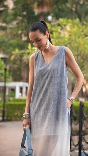 J.Corrine Women V-Neck Sleeveless Denim Flocked Chiffon Dress Gradient Blue Black White Tank Casual Midi Spring Summer Dress - Thumbnail 6