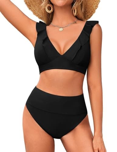 Hanna Nikole Plus Size Womens High Waisted Bikini Sets Ruffle Full Coverage Tummy Control Swimsuits V Neck Bathing Suit Beach Pool Black - Image 1