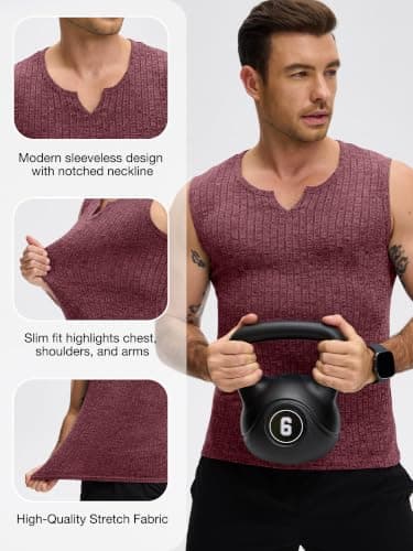 JEMLDL Men's Plus Size Fashion Tank Tops Sleeveless Knit Ribbed V Neck Casual Party Shirts Stylish Breathable Tee Wine Red 3XL - Thumbnail 5