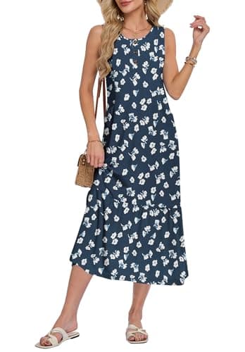 WNEEDU Women Summer Sleeveless Midi Dresses Button Front Sundress with Pockets(Floral Navy,S) - Image 1