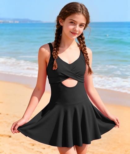 MFAVIP Girls One Piece Swimsuits Classic Black Girl Swimsuits with Ruffle Skirt Removable Pads Adjustable Straps Size 9-16 - Thumbnail 3