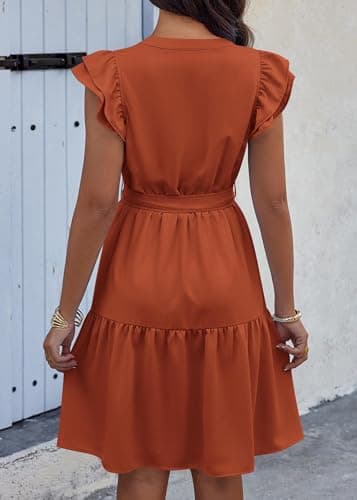 KIRUNDO Summer Dresses for Women 2026 Spring Flutter Sleeve V Neck Ruffle Flowy Tiered Knee Length Beach Vacation Sundress(Brick Red, X-Large) - Thumbnail 2