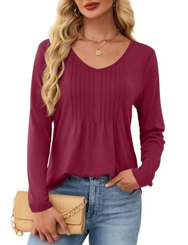 JUSTFASHIONNOW Shirts for Women Trendy Long Sleeve Tops V Neck Ladies Dressy Blouses Pleated Maternity Shirt Tunics Early Fall Fashion (Wine Red, Medium) - Thumbnail 5