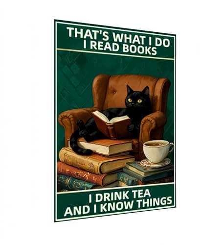 Carastora Cat Vintage Metal Sign - Funny Reading Cat and Coffee Design, Home Decor for Home, Office, Cafe, Bar or Garden Decoration, 8x12 Inch. - Image 1