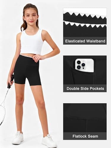 Kislio Girls Athletic Shorts Kids Workout High Waisted Biker Shorts with Pockets Yoga Dance Shorts Teen Summer Clothes Black - Thumbnail 5