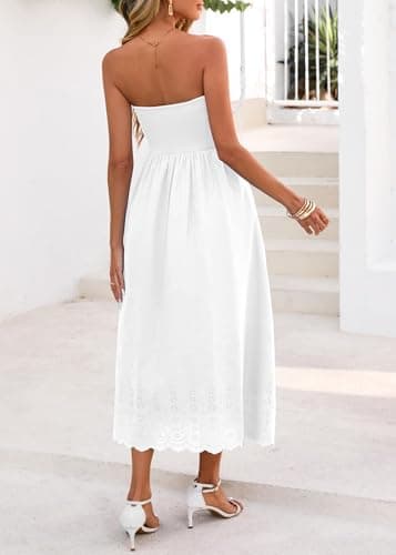 Lazysmile Summer Boho Maxi Dress for Women Strapless Tube Top Lace Trim A Line Beach Casual Long Dress White - Thumbnail 2