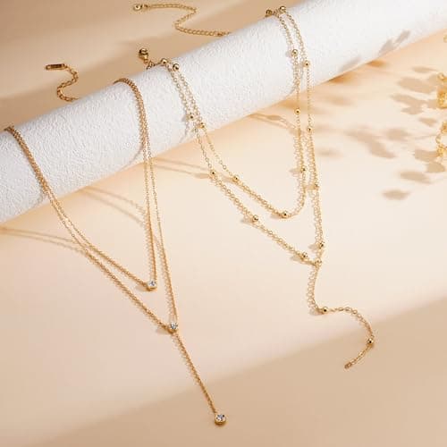 Fimhut Lariat Necklace for Women, 14k Gold Plated Y-Shaped Necklace Trendy Bar Pearl Chain Necklaces Simple Gold Jewelry for Women Gift.Christmas Stocking Stuffers,Valentines Day Gifts - Thumbnail 6