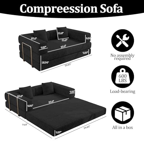 59 Inch Convertible Sofa Bed, 4-in-1 Futon Sofa Bed Pull Out Sleeper Couch, Boneless Couches Bed for Living Room, Corduroy Boneless Couches for Bedroom, Apartment, No Assembly(Black, 59” 2 Seat) - Thumbnail 2