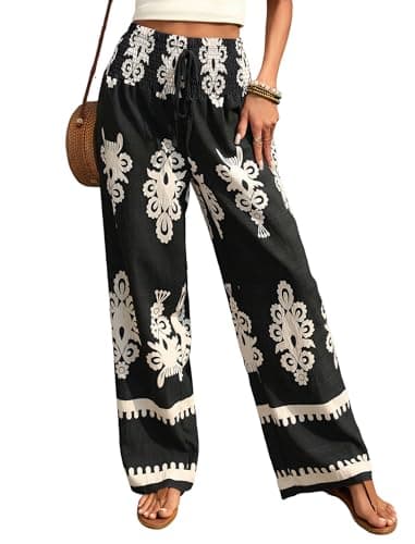 ZAFUL Boho Pants for Women Floral High Waisted Wide Leg Palazzo Pants Summer Trendy Casual Lounge Pants Women Vacation Black S - Image 1