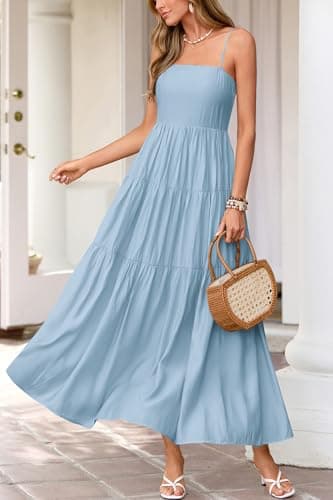 Okiwam Women's Summer Dress 2026 Casual Boho Sleeveless Spaghetti Strap Smocked Maxi Dress Ruffle Long Beach Sundresses-XL Blue - Thumbnail 2