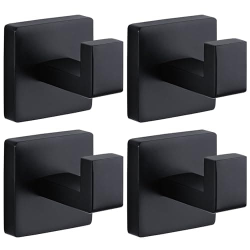 Fenas Towel Hooks for Bathrooms Robe Hook Coat Hook 4 Pack Matte Black Stainless Steel Heavy Duty Wall Mounted Square Hooks for Bathroom Kitchen Bedroom