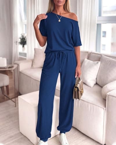 Zenlonr Women Summer 2 Piece Outfits 2026 Off Shoulder Short Sleeve Tops Elastic Waist Drawstring Long Pants Tracksuit(Dark Blue,Small) - Thumbnail 2