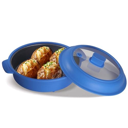 Microwave Grill Pan, Fry Griddle Crisper Pan with Lid for Grilling Browning and Crisping Foods Microwave Silicone Cookware for Baked Potato Meat Sandwich Vegetable Blue - Image 1