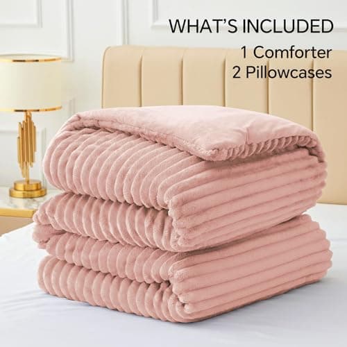 BEDELITE Fleece Full Comforter Set -Super Soft & Warm Fluffy Dusty Pink Bedding, Luxury Fuzzy Heavy Bed Set for Winter with 2 Pillow Cases - Thumbnail 6