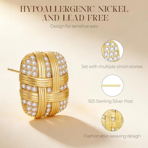 EYESHOCK Large Stud Earrings for Women Gold Stud Earrings 18K Gold Plated Cubic Zircon Square Woven Design Lightweight Hypoallergenic (Woven) - Thumbnail 4