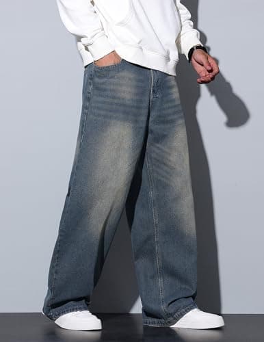 QGRSWBC Baggy Jeans Men Wide Leg Hip Hop Jeans Mid Rise Denim Pants Loose Fit Skater Trousers Haze Blue XS - Thumbnail 6