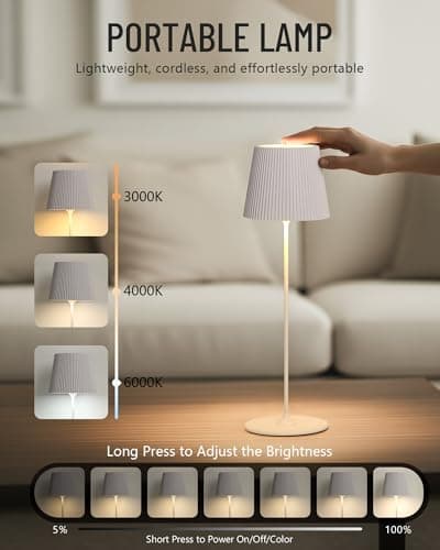 2 Pack Cordless Table Lamp,Portable RGB LED Desk Lamp,5000mAh Battery Powered,with Touch and Remote Control,Suitable for Dining Room,Bedroom, Outdoor,Coffee Shop,Night Light,Rechargeable (White) - Thumbnail 4