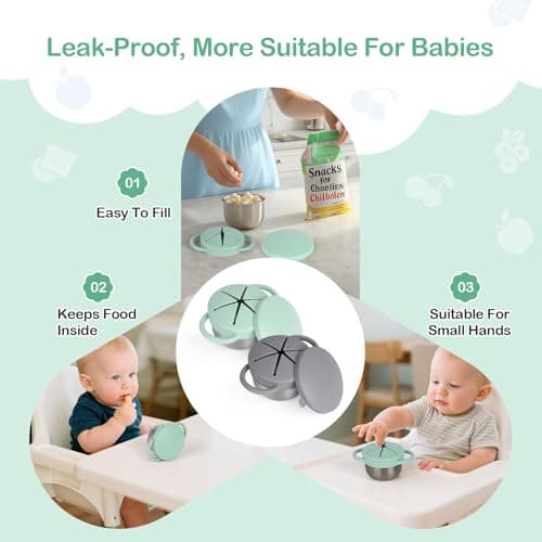 Daximo 2 Pack Snack Cups for Toddlers Spill Proof - Detachable Stainless Steel Toddler Snack Cups with Silicone Lids & Handles - Dishwasher Safe Baby Snack Containers (Matte Gray and Mint Green) - Thumbnail 2
