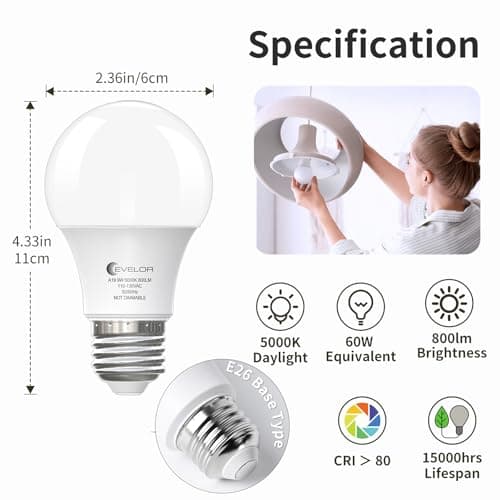 evelor 6-Pack A19 LED Light Bulbs,60 Watt Equivalent Daylight 5000K with E26 Base,Efficient 9W,800 Lumens Non-Dimmable LED Bulbs,15000 Hours, Ideal for Bedroom Living Room - Thumbnail 2