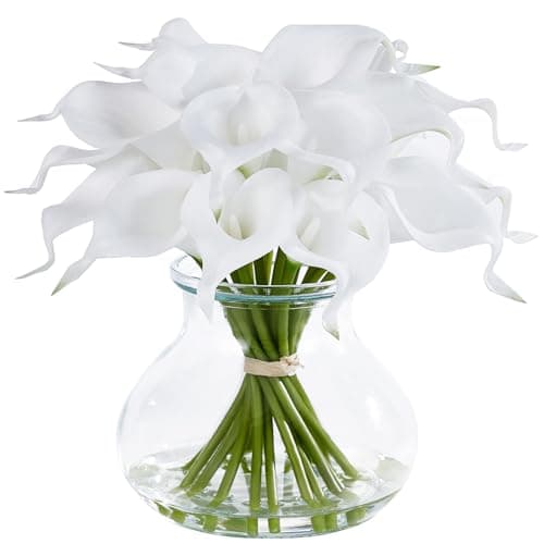 VeriNatural Calla Lily Artificial Flowers with Vase, 10" Faux Calla Lilies Arrangements in Glass Vase with Faux Water,19 Pcs PU Fake Calla Lily Stems Real Touch for Home Table Kitchen Wedding Decor