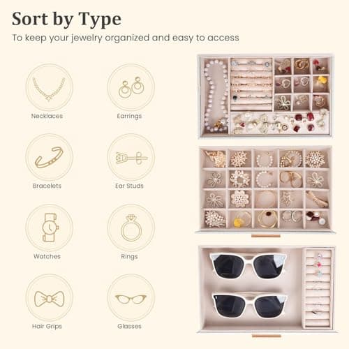 Dajasan Jewelry Box Organizer, 3-Tier Large Jewelry Storage Organizer with 2 Drawers, Space-Saving Jewelry Boxes for Women, PU Leather Surface with Texture, Gift Idea, Modern Style (White) - Thumbnail 3