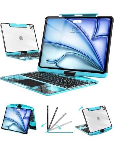 Auupgo Clear Keyboard Case for iPad Air 13 Inch (M4/M3/M2, 2026/2025/2024) & iPad Pro 12.9 Inch (6th/5th/4th/3rd Gen), 7-Color Backlit Keyboard with Touchpad, 360° Rotating Stand, Pencil Holder, Blue
