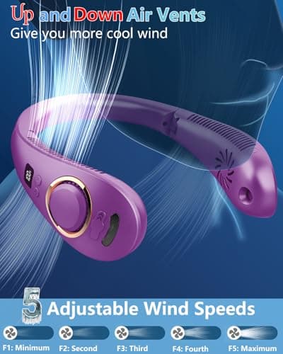 Portable Neck Fan Rechargeable,Bladeless Misting Fan Around Neck Fans that Blow Cold Air,Wearable Cooling Fan Mister Over the Neck,Headband Mobile Nevk Cooler Best Gifts for Women Men Adults Purple - Thumbnail 2