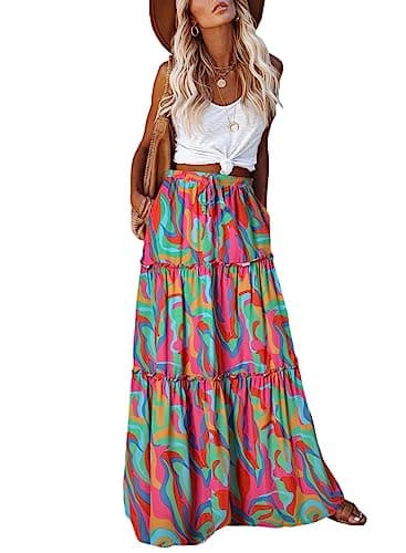 Trendy Lightweight Drawstring Tiered Ruffles Paisley Hippie Plus Size Bohemian Long Maxi Skirt with Deep Pockets Office Music Festival Travel Picnic Dating Fall Outfits Multicolor Abstract Wave XL - Image 1
