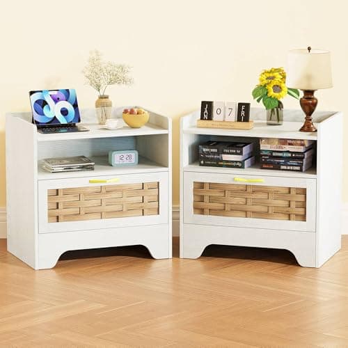 HOCAT 24" Rattan Nightstand Set of 2, Boho Night Stand with Open Storage, White Bedside Table with Drawer, Bed Side End Table Dresser for Bedroom, Living Room, Hallway