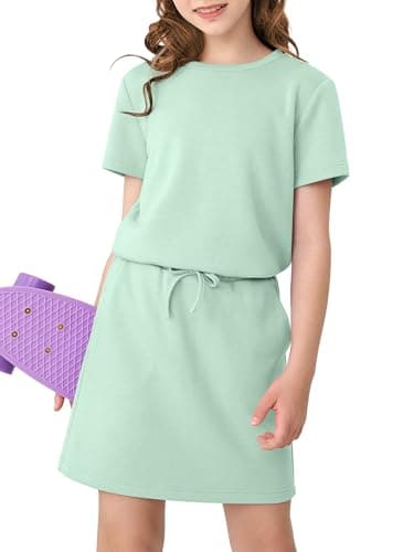 XMWEALTHY Girls Clothing Cute Summer Clothes Round Neck T-Shirt and Drawstring Athletic Tennis Skirt Sets Kids Outfits Bright Green 13-14Y - Image 1
