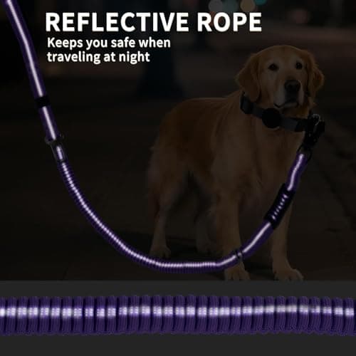 Heavy Duty Bungee Dog Leashes, 4-6FT Shock Absorbing Tactical Dog Leash with 2 Padded Handles, Metal Carabiner Clip,Car Seatbelt, Reflective Dog Leash for Medium Large Dogs (Purple) - Thumbnail 4