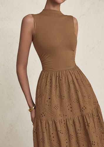 PRETTYGARDEN Summer Dresses for Women 2026 Casual Eyelet Sleeveless Wedding Guest Maxi Dress Tank Top Sundress with Pockets (Khaki,Large) - Thumbnail 5