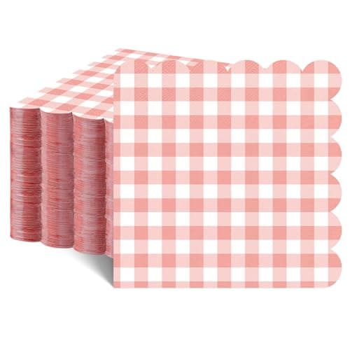 80 Pcs Pink Gingham Paper Napkins 6.5 In Pink and White Paper Napkins Disposable Mothers Day Napkin Scalloped Napkin for Baby & Bridal Shower, Wedding, Birthday, Picnic - Image 1