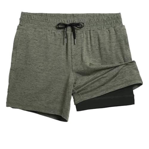 maamgic Mens 2 in 1 Running Shorts, 5" Gym Short with Zip Pockets, Quick Dry Workout Athletic Shorts for Men Olive Green Large - Image 1