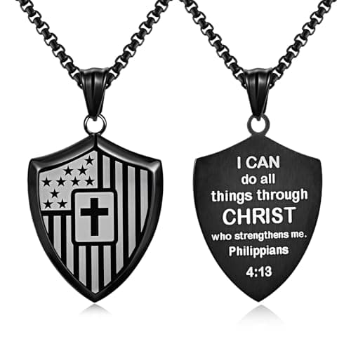 Christian Cross Bible Verse Necklace for Men - Shield American Flag Stainless Steel Chain Black Necklaces Religious Christian Catholic Jewelry Gifts for Men - Image 1