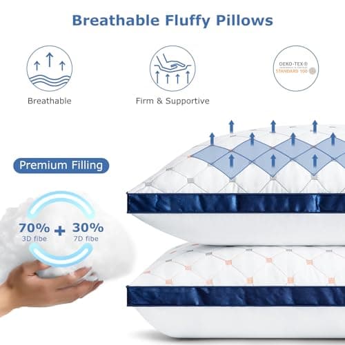 Sofslee Standard Size Pillows Set of 2, Luxury Hotel Quality Down Alternative Pillow, Standard Pillows for Side, Back & Stomach Sleepers - Cooling, Breathable, Gusseted Bed Pillow - Thumbnail 2