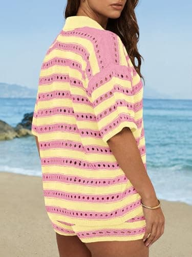 Saodimallsu Womens Crochet Swimsuit Coverup Summer 2 Piece Outfits Striped Knit Short Sleeve Button Shirts Shorts Sets Pink - Thumbnail 5