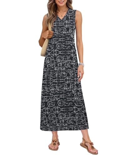MISFAY Womens Long Dresses Plus Sleeveless Casual Maxi Summer Tank Dress Floral Vacation Resort Wear with Pockets(Ink Silver Flash,2XL) - Image 1