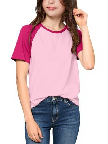 XIZIFLYO Girls Short Sleeve T Shirts Kids Summer Casual Tops Crewneck Color Block Fashion Tees 5-14 Years Rose Red - Image 1
