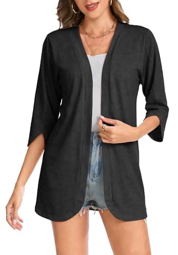 Bosmeer Black Cardigan for Women 3/4 Length Sleeve Tops Open Front Kimono Cover Up Beach Vacation Outfits Womens Fashion S - Image 1