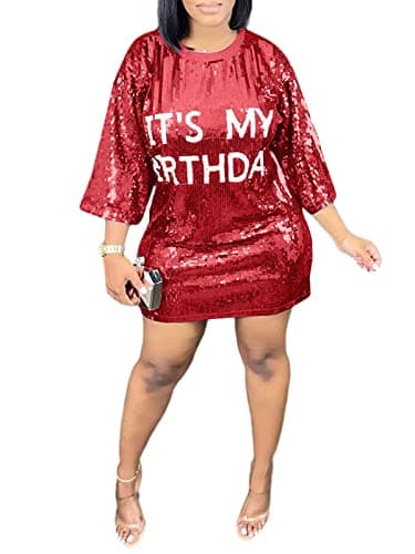 Fawjsais Women's Half Sleeve Birthday Dress O Neck Stripe Printed Sequins Mini Dress Loose Casual Sexy Nightclub Party T-Shirts Tops Dress Red XL - Image 1