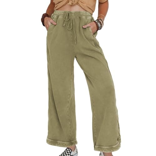 Ainangua Women's Palazzo Pants Acid Wash Capri Pants Drawstring Athletic Wide Leg Trousers Summer Lounge Home(Mustard-Green,M) - Thumbnail 5