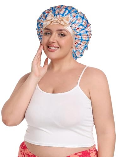 Vettres Double Layer Satin Bonnet for Sleeping with Detachable Eye Mask Adjustable Night Cap for Curly, Natural, Braided Hair Reduces Frizz & Locks in Moisture Blue Cherry - Thumbnail 3
