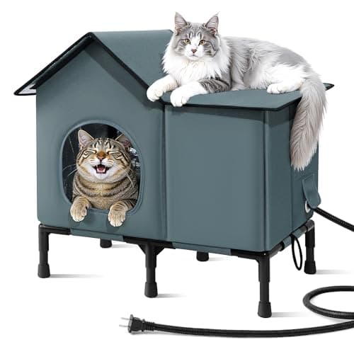 Weatherproof Heated Cat House for Outside with Heating Pad, Elevated Feet Outdoor Cat House, Expanded Canopy Warm Cats Shelter, Heating Pet Beds for Feral or Stray Cats in Winter (Warm Grey, Heated)